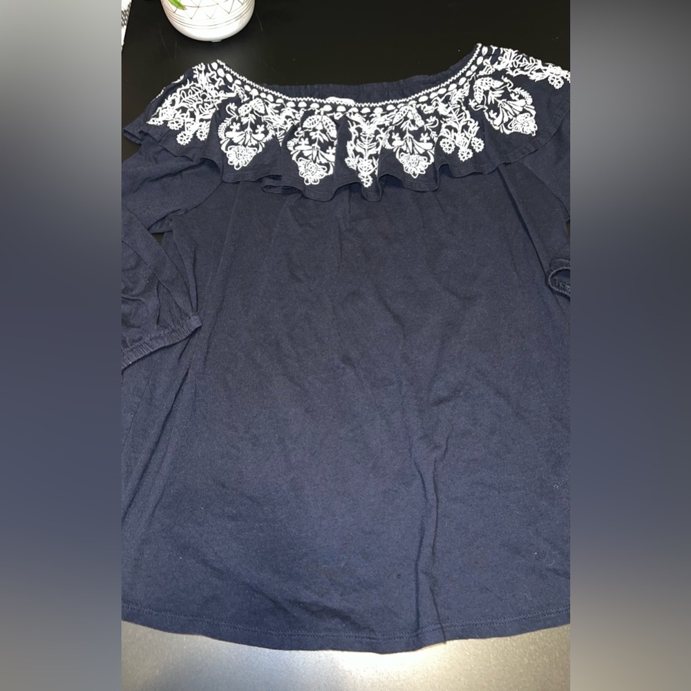 J. Jill Womens Size L Navy & White Floral Embroidered Off The Shoulder Blouse EC